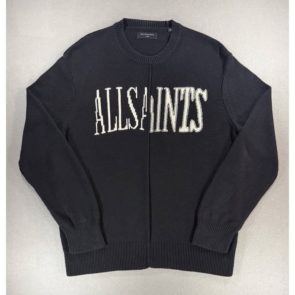 AllSaints Axis Spliced Logo Black Knit Sweater Mens Size Large All Saints